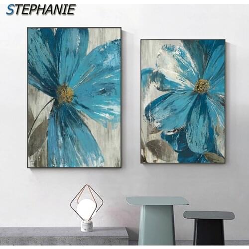 Nordic Retro Blue Flower Canvas Abstract Poster Print Wall Art Painting Modern Minimalism Picture Living Room Home Decoration
