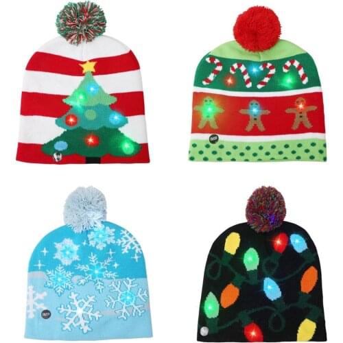LED Light Up Christmas Hat Warm Bright Colorful Xmas Knitted Cap with Christmas tree cane snowflake string lights Decor Gifts
