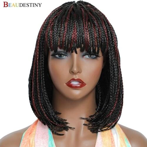 Hair For African Braids Synthetic Wig Braided Wigs With Bangs Short Bob Black Red Wig Crochet Hair For Women Short Box Braids