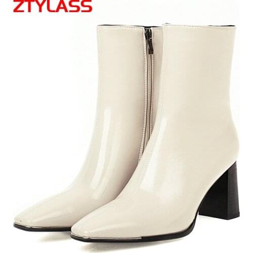 Autumn Women Boots Pu Leather Square Toe Ankle Boots Thick High Heel Zipper Boots Fashion Winter Shoes Big Size 34-45