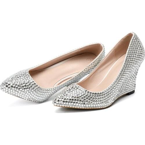 Women Pumps 2020 Wedding Party Sequined Cloth Slip On 6-8CM Wedges High Heels Pointed Toe Dress Rhinestones shoes for woman