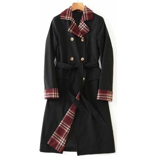 2021 Women Plaid Patchwork Office Lady Trench Coat Female Vintage Streetwear Double Breasted Casual Fashion Long Tops