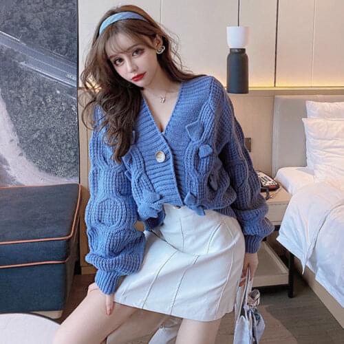 Preppy Style V-Neck Pink Knitwear Autumn Womens Sweet Long Sleeve Bow Loose Cardigan Tops Single-breasted White Knitted Sweater