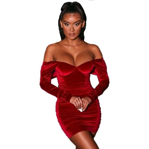XLLAIS Velvet Winter Party Club Red Dresses Women Sexy Off Shoulder Birthday Bodycon Mini Vestidos Lady Stretch Snug Clothes