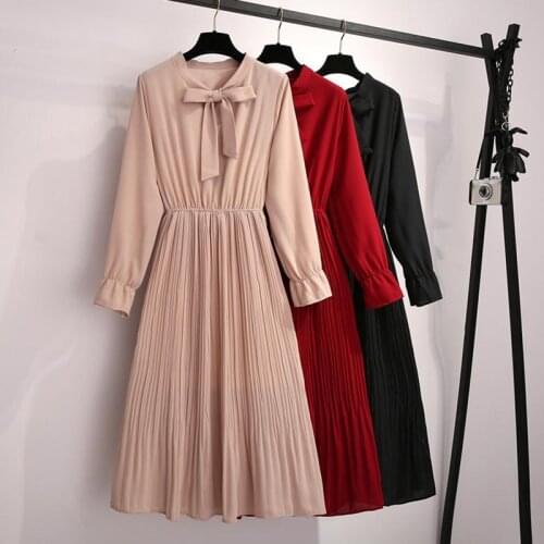 Dress Women Chiffon Bow High Waist dress Vintage Long Sleeve V-Neck Pleated Dress Women