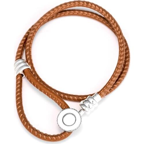 Golden Tan Double Leather Bracelets 100% 925 Sterling-Silver-Jewelry Free Shipping
