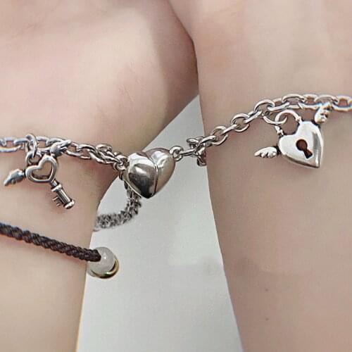 1Pair Couple Bracelets Magnetic Bracelet Heart Shaped Stainless Steel Angel Wing Lock Love Lock Heart Charm Magnet Jewelry Gifts