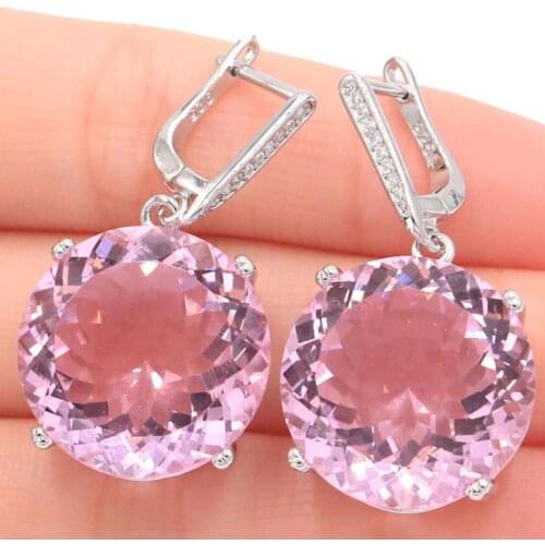 35x20mm SheCrown Hot Sell Big Round Jewelry Set Created Pink Kunzite CZ For Womans Daily Wear Silver Pendant Earrings