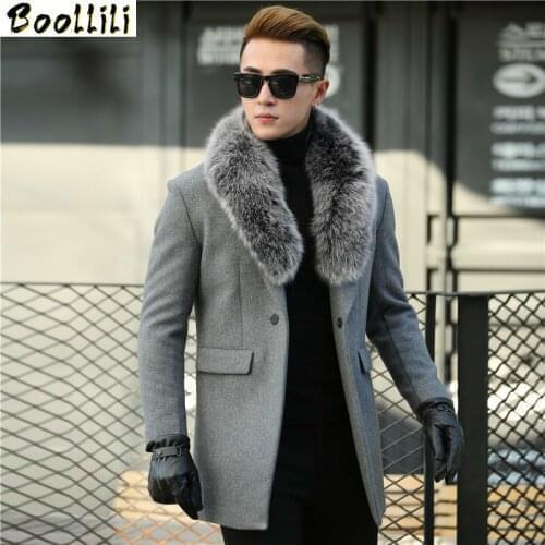 Boollili Autumn Winter Real Fox Fur Collar Wool Men Coat Korean Cashmere Jacket Mens Windbreaker Overcoat Abrigo Hombre