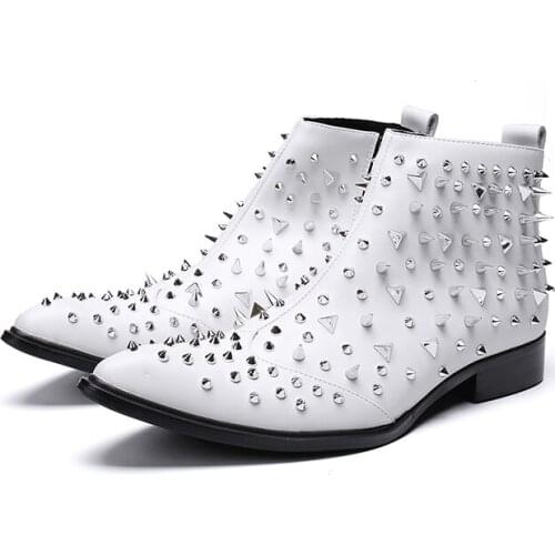 Chelsea Boots Men Italian Style White Rivet Mens Boots Personality Stage Dress Boots Zipper Ankle Pointed Toe Fashion Men Shoes