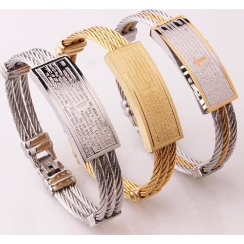 Fashion Men 3 Rows Wire Chain Bracelet Bangle Punk Stainless Steel Cross Bible Religion Christ Prayer Male