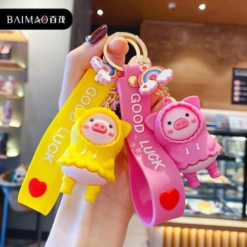 Cute Cartoon Raincoat Pig Doll Silicone Keychain for Women Bag Charms Car Key Holder Pendant Jewelry Fashion Christmas Gift