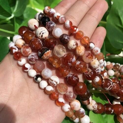 Natural Stone Faceted Fire Agate Beads Round Shape Loose Stone Beads For Jewelry DIY Making Bracelet Accessories 4 6 8 10mm 15