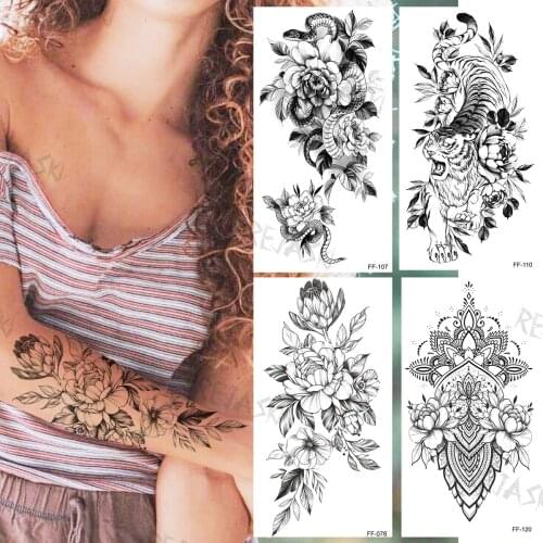 Flower Temporary Tattoos For Women Forearm Adults Realistic Tiger Snake Henna Flora Fake Tattoo Sticker Arm Body Tatoos Sexy