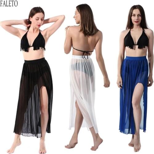 Faleto Solid Womens Swimsuit Cover Up Sarong Beach Wrap Skirt Elastic Waistband Swimwear Bikini Cover-ups Midi Maxi Split Skirt