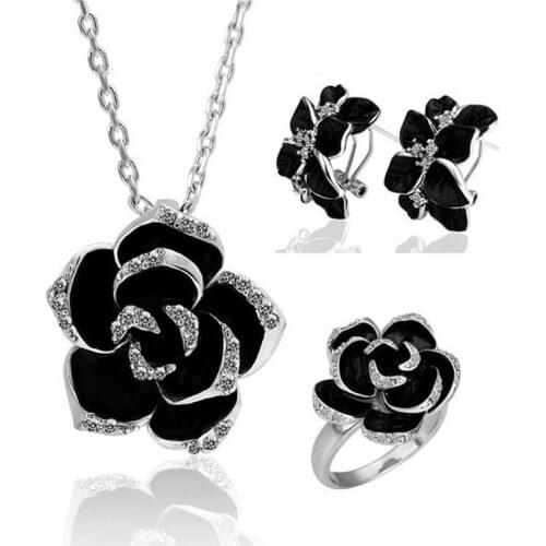 FARLENA Black Rose Eight Petals Camellia Earring Necklace Set three pieces india jewelry sets for woman