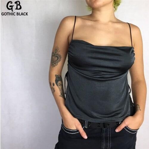 Gothblack Camis Solid Slash Neck Side Split Lace Up Backless Spaghetti Straps Top Hollow Out Sexy Low Cut Streetwear Outfits