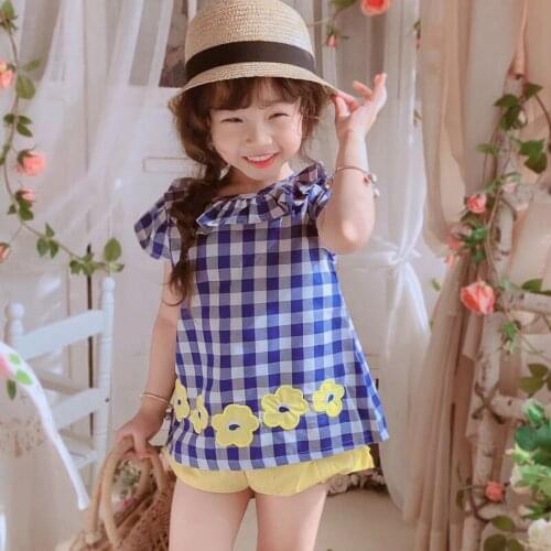 2PCS Summer Fashion Vintag Princess Blue Plaid Cotton O-neck Pullover Sleeveless With Shorts Suit For Baby Girl Birthday Present