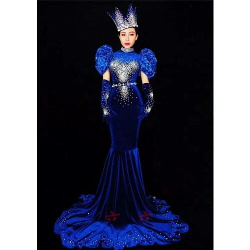 Nightclub Female Singer DJ DS Costume Modern Velvet Rhinestone Evening Dress Trailing One-piece Dress Stage Performance Costumes