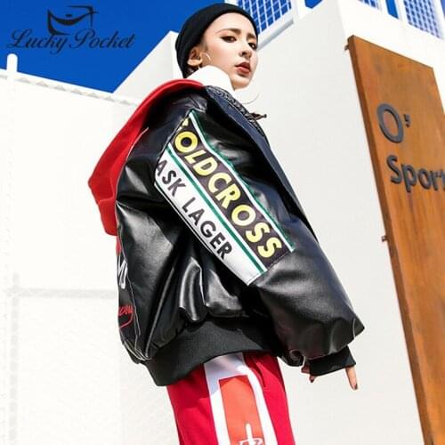 2021 Women PU Leather Hooded Winter Jacket Wadded Cotton Coat Harajuku Black Female Letter Print Thick Warm Plus Size Parka Y5