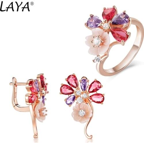 Laya 925 Sterling Silver High Quality Zircon Natural Shell Flowerl Ring Drop Earrings Sets For Women Fashion Jewelry 2021 Trend