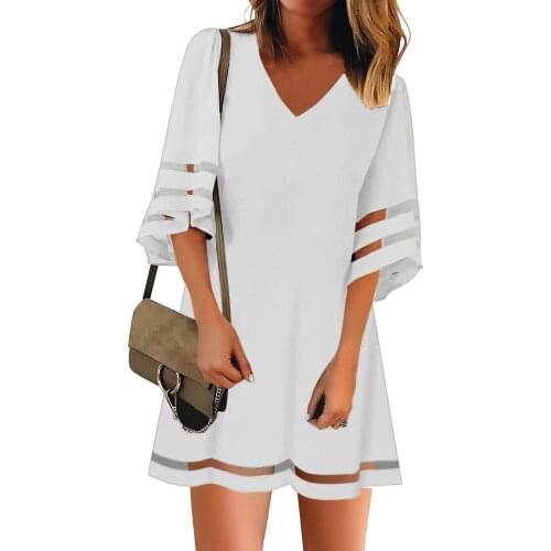 Summer Casual Boho Beach Dresses Women Casual V-Neck Mesh Patchwork 3/4 Bell Sleeve Loose A-line Tunic Dress 2021Black,Red,White