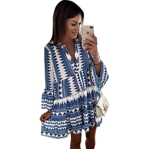 Black/White/Pink Leopard Geometric Print V neck Flare Half Sleeve Ruffle Swing Mini Dress