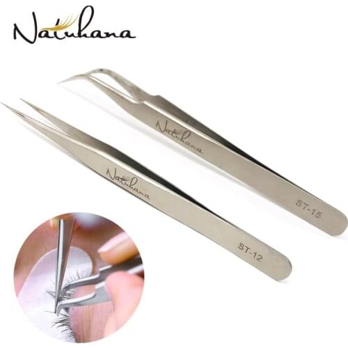 NATUHANA Volume Lash Tweezers Stainless Steel Anti-static Curved Straight Tip Eyelash Tweezers for Eyelash Extension Makeup Tool
