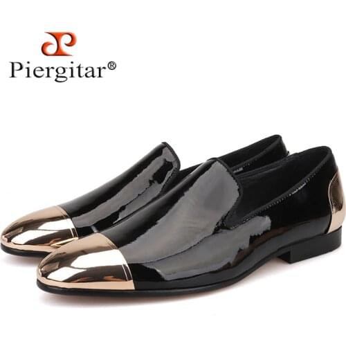Piergitar 2019 new Black and White Patent Leather men Handmade shoes Party and Wedding men dress shoes Plus size mens loafers