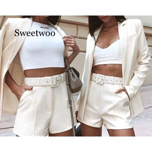 Autumn New Women Set Chic Streetwear Neon Fashion Suit with Belt Short Blazer Coat High Waist Short Women Two Piece Outfits