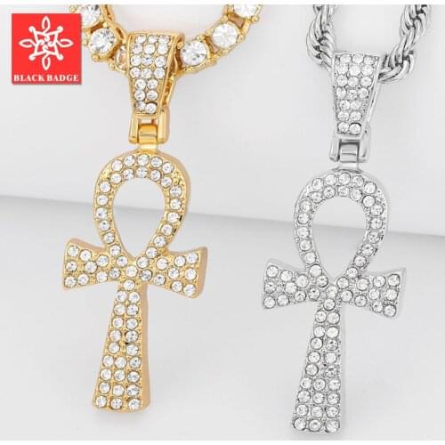 Cross Alloy Iced Out Crystal Ankh Bling Bling Pendant For Men Key of Life Egyptian Charm Necklace Rope Chain Hip Hop Jewelry