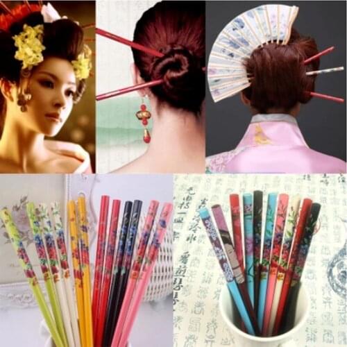 2Pcs/Set Handmade Hair Pick Sticks Vintage Painting Japanese Wood Hairpin for Women Natural Chinese Wooden Chopsticks