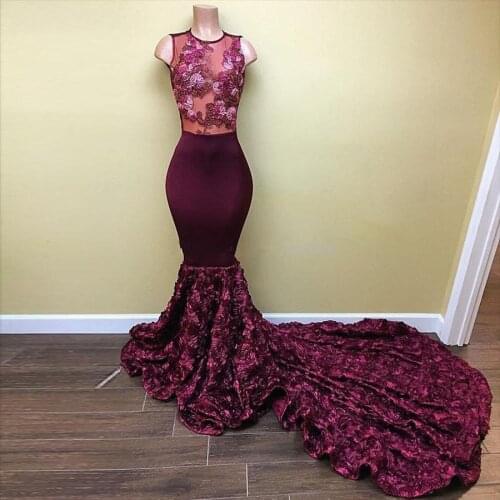 Illusion Design O-neck Flower Skirt Appliques Satin Purple Mermaid Prom Dresses Long Prom kleider Evening Party Dress vestido
