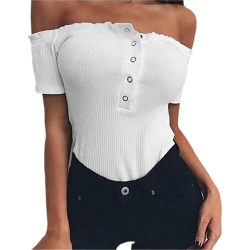 Buttons Ribbed Knitted Tops Basic Off Shoulder Bodysuits Sexy Women Short Sleeve Female Skinny One Pieces Suits Rompers GV493