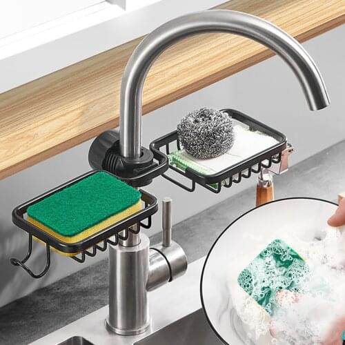 Black Adjustable Faucet Drainage Shelf Kitchen Sundries Storage Two Rack for Bathroom Soap Rag and Sponge organize Holder