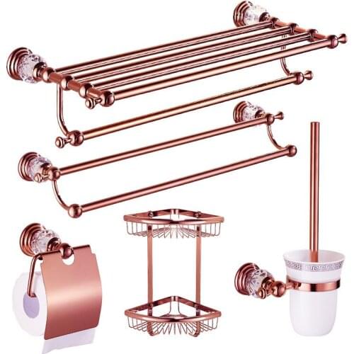 Rose Gold Bathroom Hardware Accessory Series Brass Towel Rack Paper/Toilet Brush Holder Corner Shelf Soap Basket Crystal Base