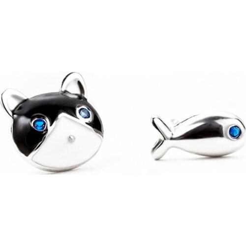 925 Sterling Silver Piercing Asymmetry Cat Fish Stud Earring For Women Gift Wedding Jewelry Brincos Bijoux pendientes EH079