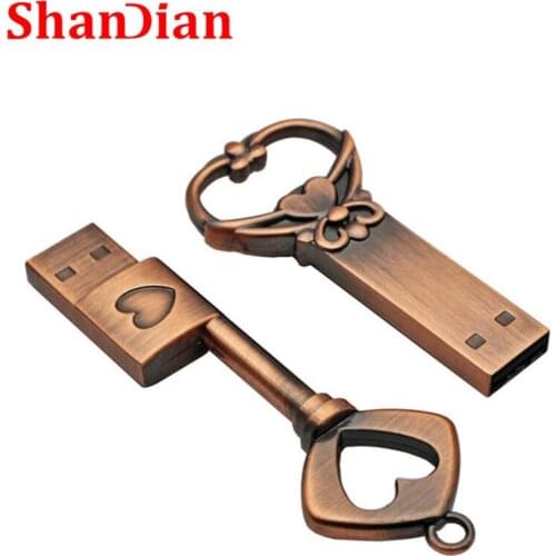 SHANDIAN copper love heart shaped key usb flash drive pendrive pen drive 4gb 8gb 16gb 32gb metal keys memory Stick wedding gift