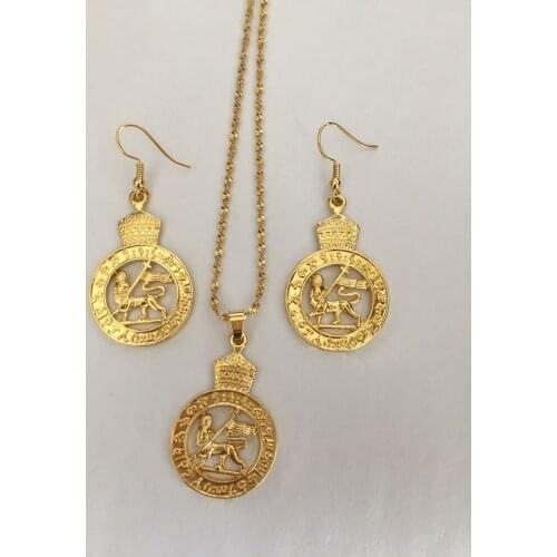 Ethiopian Lion of Judah festival wedding Pendant Earrings Gold Africa Eritrea Ethnic Jewelry Set For Women bridal girls kids