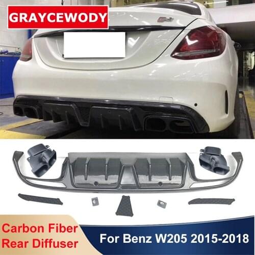 Carbon Fiber Material Rear Bumper Shovel Lip Diffuser Spoiler With Exhauses For BENZ C Class W205 C200 C260L Sedan Sport Version