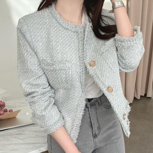 Autumn Retro O-Neck Chic Three-button Tassel Stitching Tweed Short Jacket Women Thick Short Womens Jacket
