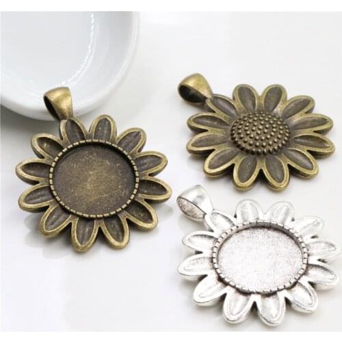 5pcs 18mm Inner Size Antique Bronze And Silver Plated Sun Flower Connection Style Cabochon Base Cameo Setting Charms Pendant