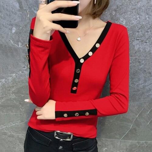 #8592 Black Red Casual Long Sleeve T Shirt Women Buttons V Neck Cotton Basic T Shirt Female Sexy Streetwear T-shirt Autumn 2021
