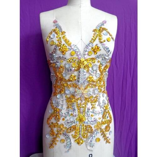 Zbroh Pure hand made sew on Rhinestones applique golden/clear AB colour crystals patches 50*32cm DIY dress accessory