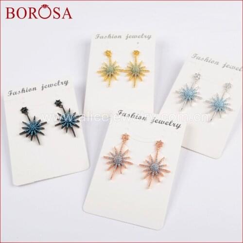BOROSA Blue Zircon Micro Pave Star Charm Druzy Earrings,Mix Color Metal Copper Cubic Zircon Drop Earrings for Women WX685