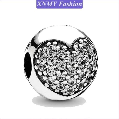 XNMY New Silver Color Sparkling Heart CZ Zircon Clip Charm Fit Original Pandora Beads Bracelet & Necklace Women Diy Jewelry