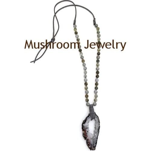 Boho Jades Faux Leather Tie long Boho Necklace Raw Druzy Geode Pendant Necklace