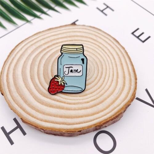 Cartoon Blue Bottle Strawberry Cup JAM Enamel Brooch Alloy Badge Denim Clothes Bag Pin Cute Sweet Jewelry Gift For Friends