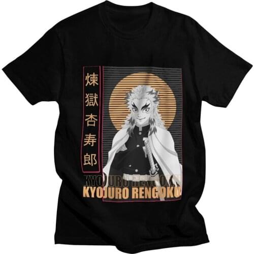 Mens Anime Demon Slayer Kimetsu No Yaiba T-Shirt Vintage Kyojuro Rengoku Tshirt Short Sleeve Hip Hop T Shirt Cotton Tee Tops