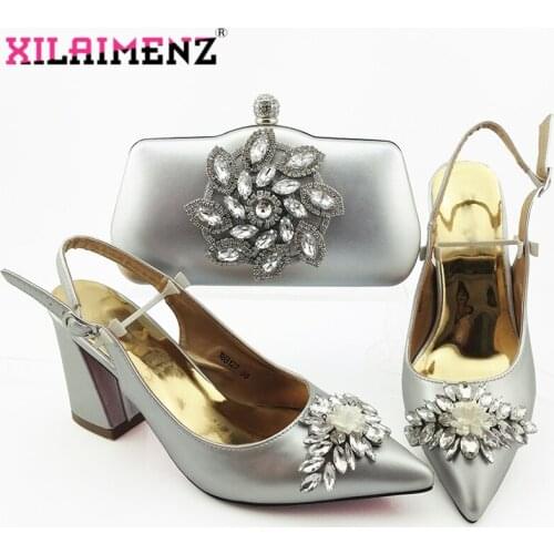 Nigerian Shoes With Matching Bags Set Italian Womens Party Shoes and Bag Sets Silver Color Women High Sandals And Handbag